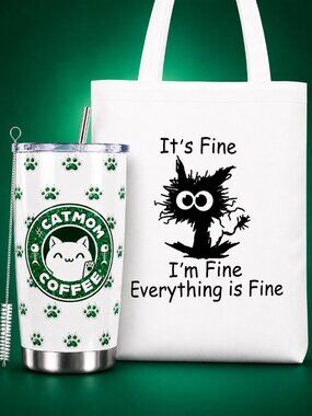 Tumbler Cup - Canvas Tote Bag Gift Set - Cat Mom - Mental Health - I'm Fine